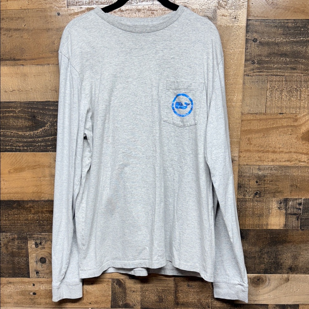 Vineyard Vines Shirt M Gray Long Sleeve Whale Graphic Pocket Preppy Crew Neck